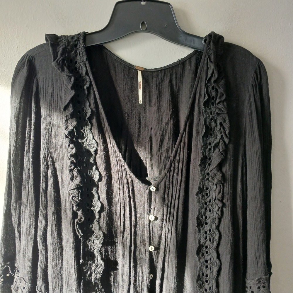 Free People Size Small Snow Angel Mini Dress Black Long Sleeve Bohemian Slip - Picture 2 of 13